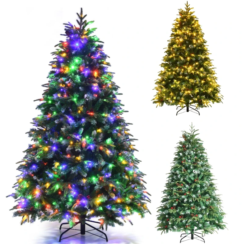 GYMAX 5FT/6FT/7FT Pre-Lit Artificial Christmas Tree, Hinged Xmas Tree with 581/899 Branch Tips, 250/350 LED Lights, Pine Cones & Red Berries, 11 Lighting Modes, Holiday Decor Tree (6FT) - Image 1