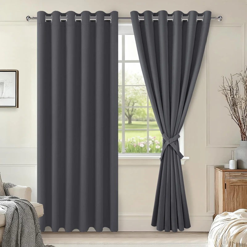 Hiasan Grommet Blackout Curtains for Bedroom, 70 x 84 Inches - Thermal Insulated & Light Blocking Window Drapes for Living Room/Dorm Room, Set of 2 Panels Sewn with Tiebacks, Dark Grey