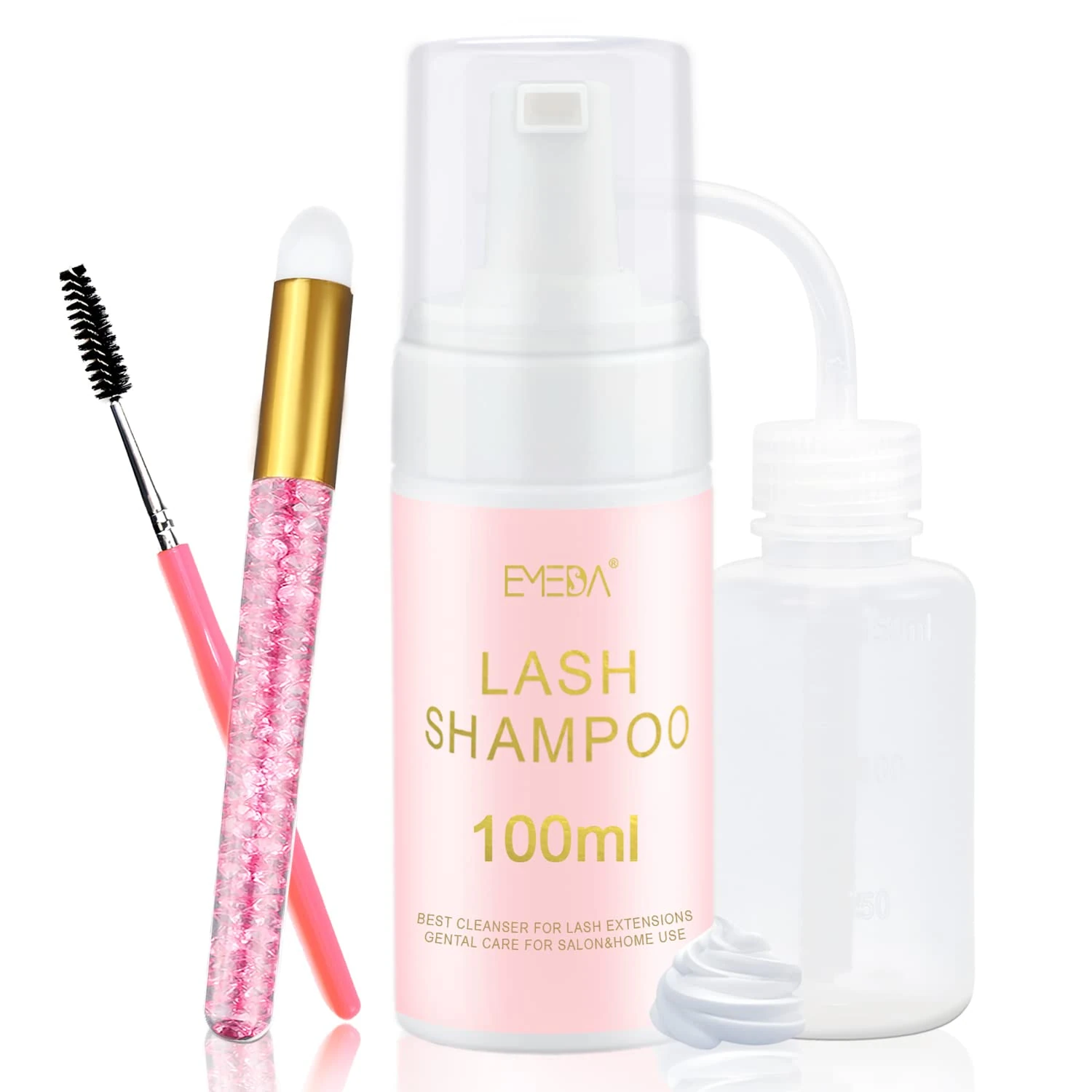 EMEDA Lash Shampoo for Lash Extensions 100ml/3.38 fl.oz Eyelash Extension Cleanser Oil Free Foam Soap Wash Oil Dustcare Lash Bath for Eyelash Extensions with Rinse Bottle Brush,Home Salon Use