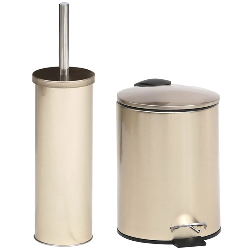 Set of 2 pieces: metal pedal bucket lid with damped drop 3L + brush holder - gold - Image 1
