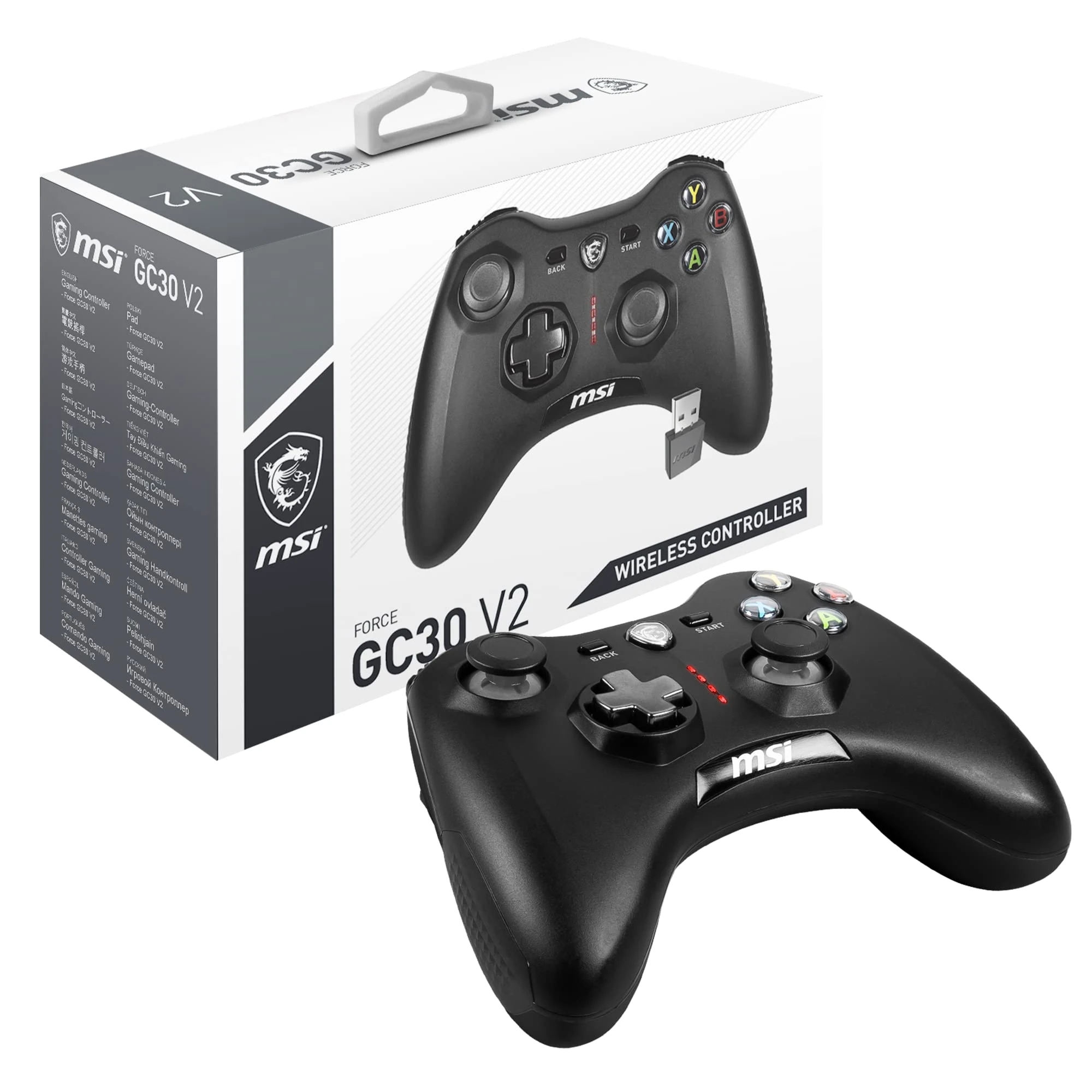 MSI FORCE GC30 V2 Wireless PC Gamepad Controller - 2.4 GHz, 600mAh Li-ion Battery, Interchangeable D-Pad Covers, Dual Vibration Motors, USB 2.0 - Wired/Wireless
