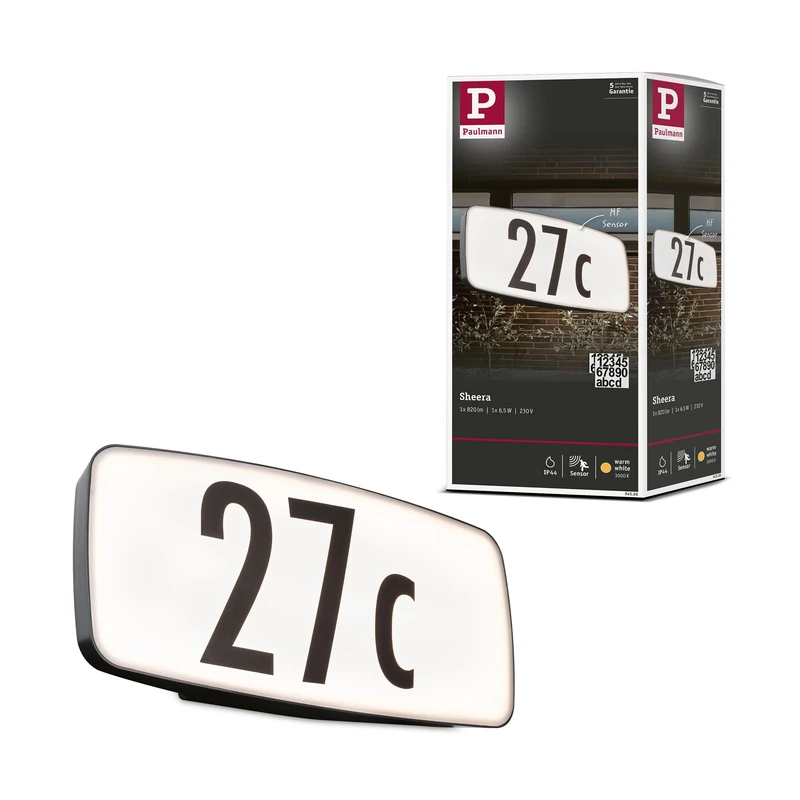 Paulmann Sheera 94506 LED Outdoor House Number Light Sea Water Resistant with Twilight/Motion Sensor IP44 Including 1x 6.5 W Warm White 3000 K