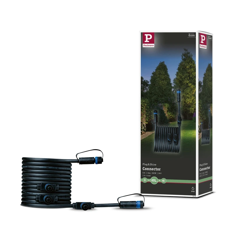 Paulmann 94596 Plug & Shine Outdoor Light Cable 5 m 4 Outputs IP68 Black Max. 150 Watt Black Garden Lighting System Plastic