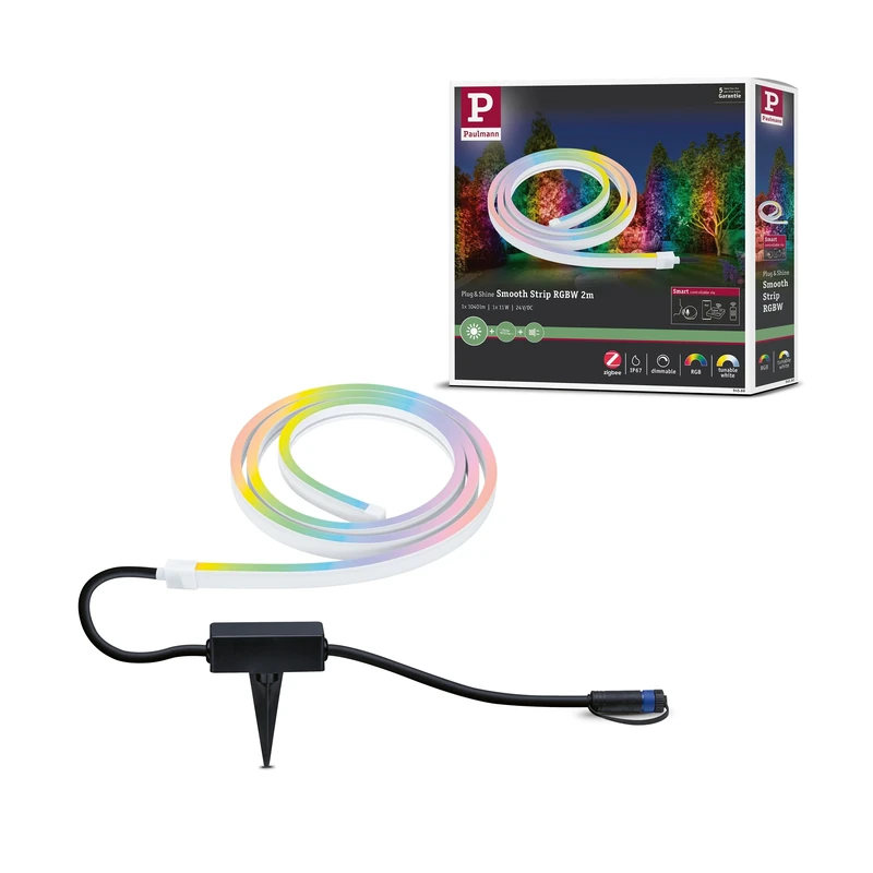 Paulmann 94560 Plug & Shine LED Outdoor Light Stripe Smart Home Zigbee Smooth IP67 2 m incl. 1 x 11 W Dimmable RGBW Colour Control White Plastic 3000 K