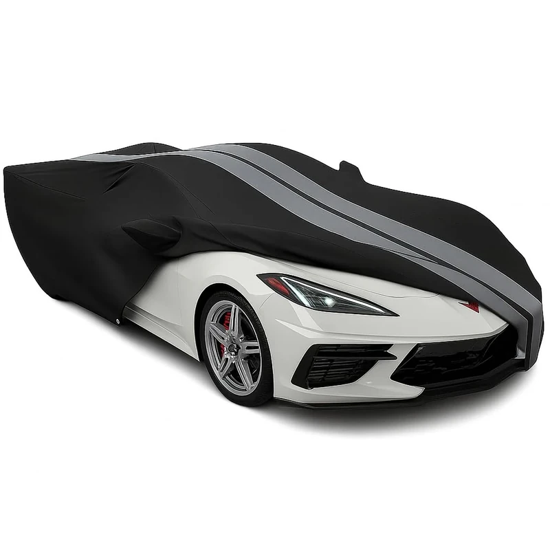 C8 Corvette Ultraguard Plus All Weather Car Cover - Indoor/Outdoor Protection Water Resistant 300 Denier : C8 Stingray, Z51, Z06 - Custom Fit for 2020-2024 Corvettes (Black with Gray Stripes)
