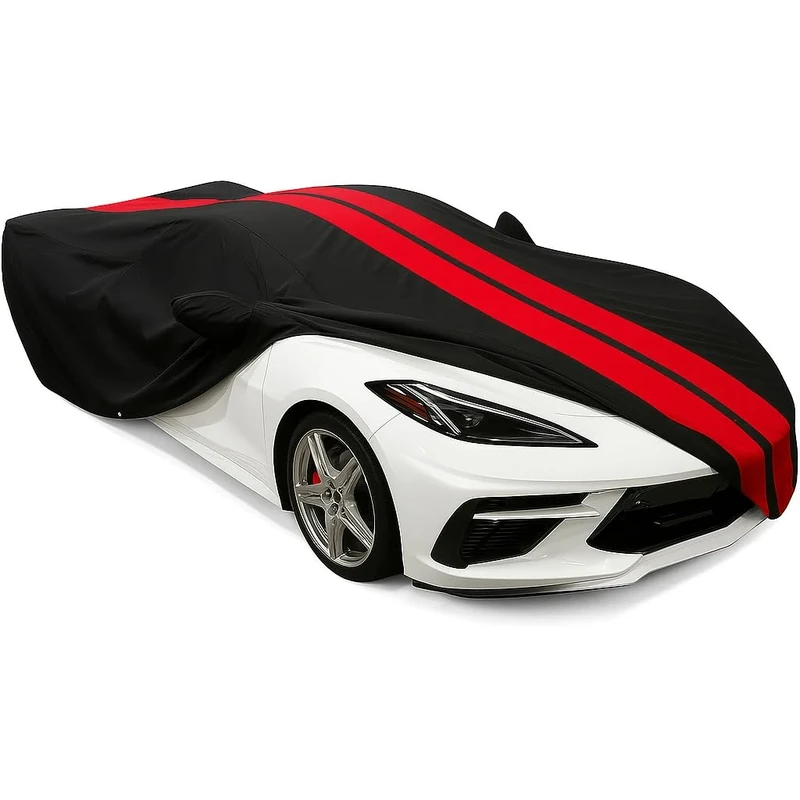 C8 Corvette Ultraguard Plus All Weather Car Cover - Indoor/Outdoor Protection Water Resistant 300 Denier : C8 Stingray, Z51, Z06 - Custom FIT for 2020-2023 Corvettes (Black with Red Stripes)