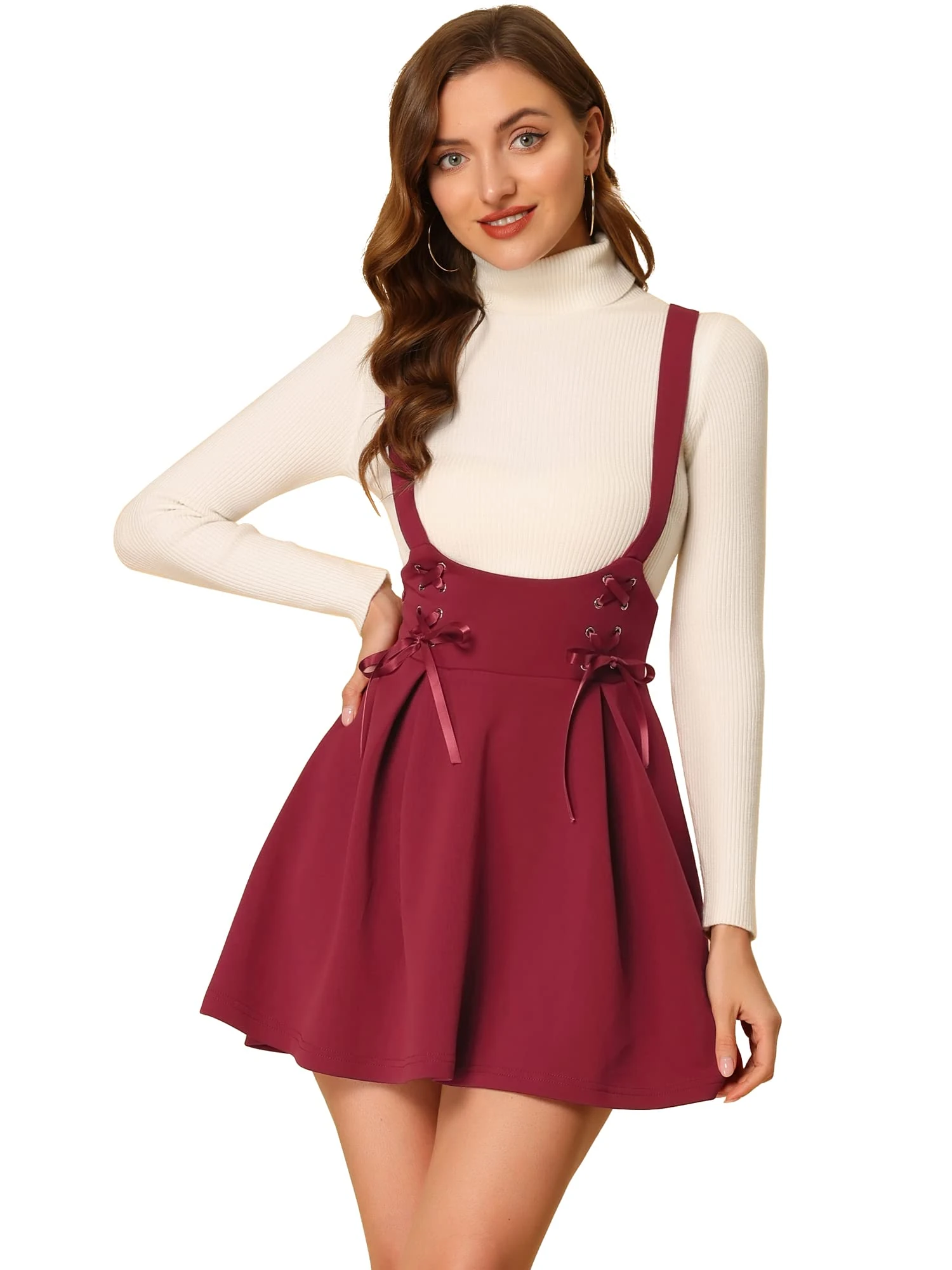 Allegra K Women's High Waist Brace Skirts Lace Up A-Line Mini Suspender Skirt, Burgundy, Small