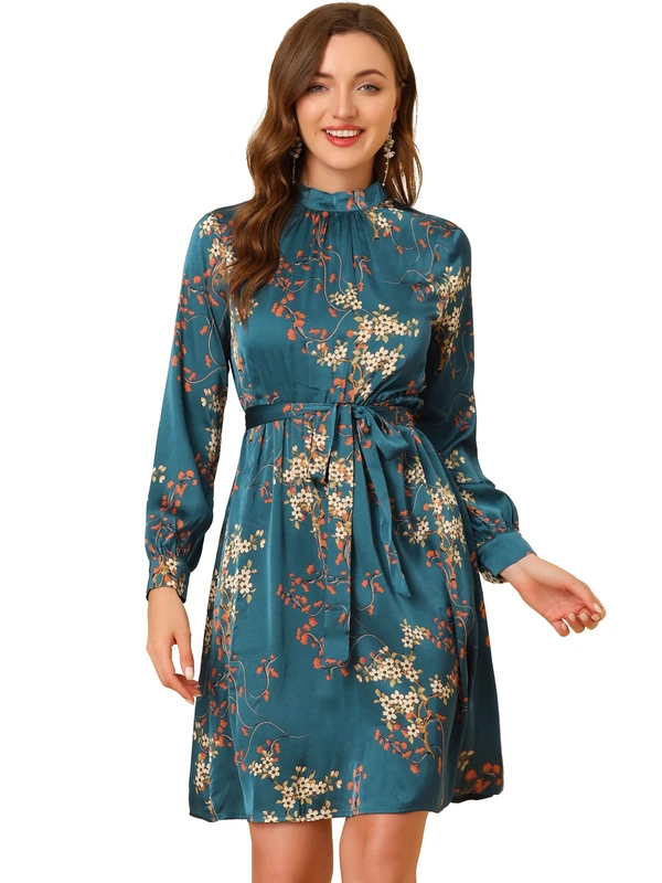 Allegra K Women's Mock Neck Swing Knee Length Long Sleeve A-line Floral Dress, Satin Peacock Blue, M