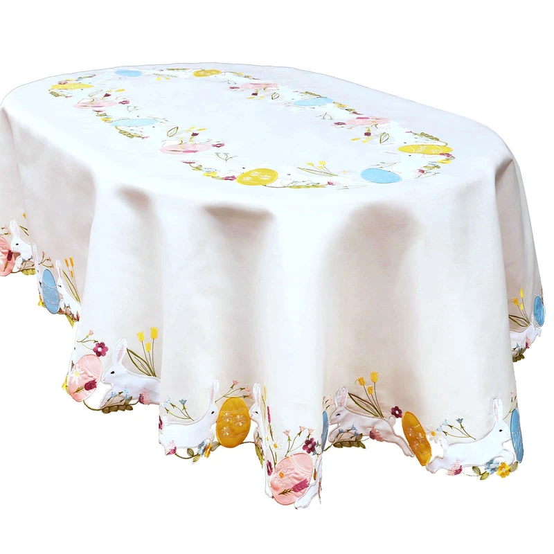 Simhomsen Embroidered Colorful Eggs and Bunny Oval Tablecloth Easter Holiday or Spring Season (Oval 55 x 84 inches), Cream