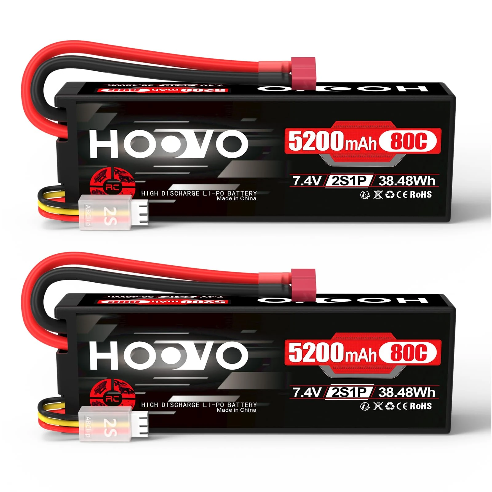 HOOVO RC Battery 2S LiPo Battery 7.4V 5200mAh 80C Hard Case with Deans Plug Battery Replacement Battery for RC Car Truck Heli Aeroplane Rock Crawler Aeroplane Helicopter RC Car Truck Boat (2 Packs)