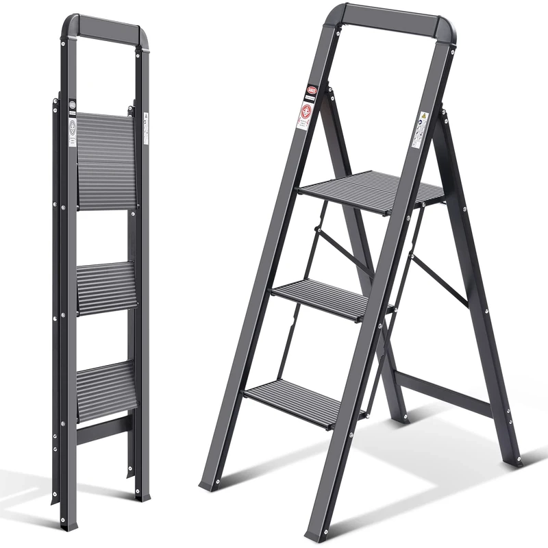 KINGRACK 3 Step Ladder with Handrail, Non-Slip Household Ladder with Folding Safety, Aluminium Folding Step Stool, Maximum Load 150 kg, Black
