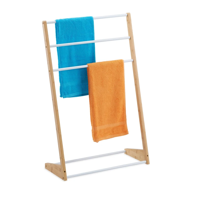 Relaxdays Freestanding Towel Holder, Compact 3 Levels for Drying, Bamboo & Iron, HxWxD: 98 x 62 x 30 cm, Natural/White