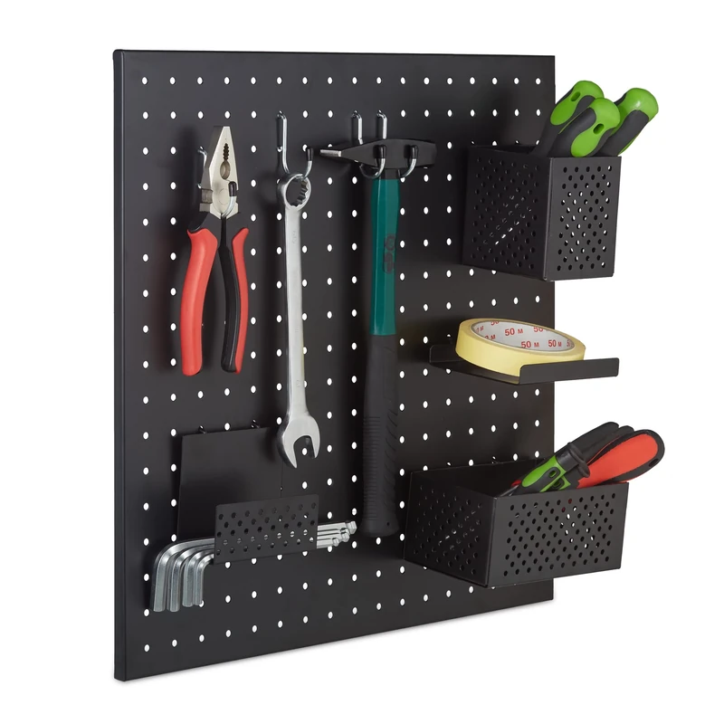 Relaxdays Tool Holder, Peg Board, 9-Piece Set, Accessories, HxD: 45 x 45 cm, Garage, Steel Metal, Wall Mounted, Black - Image 1