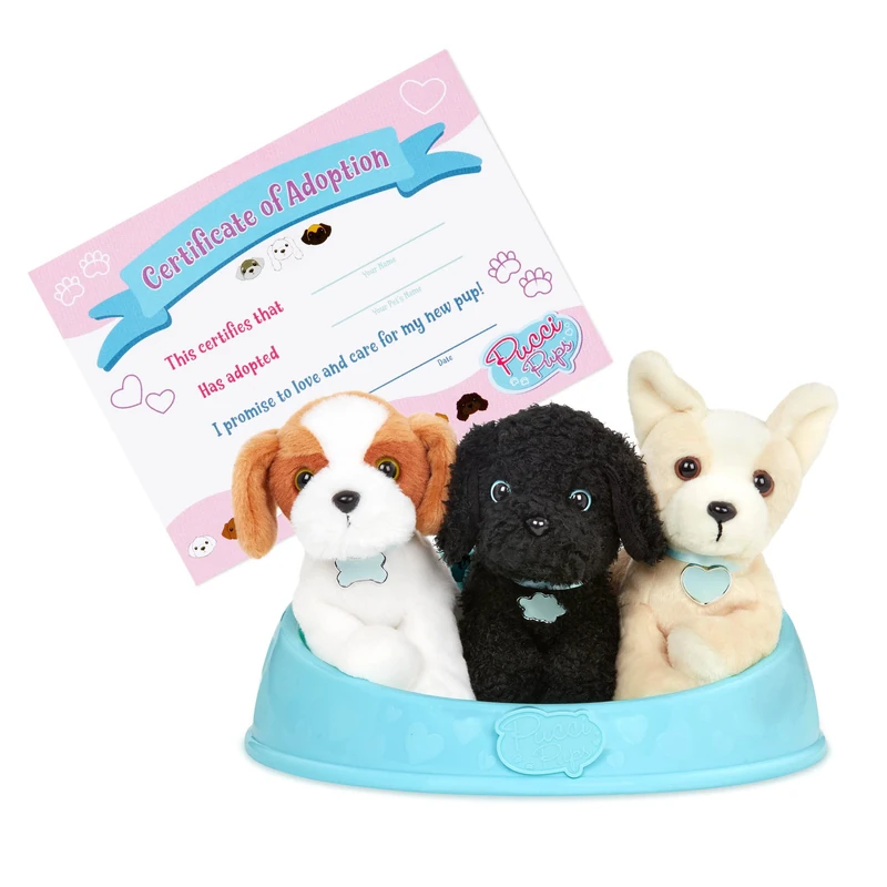 Pucci Pals Adopt-A-Pup Plush Dogs, 3 Puppies with Dog Bed Set, Theme 3