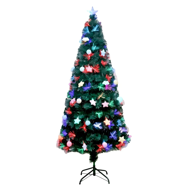 5Ft/150cm Fibre Optic Christmas Tree with Star Topper - Hanging Pastel Stars & Baubles Decorations - Pre-Lit Green Artificial Xmas Tree - Multicolor Changing Lights