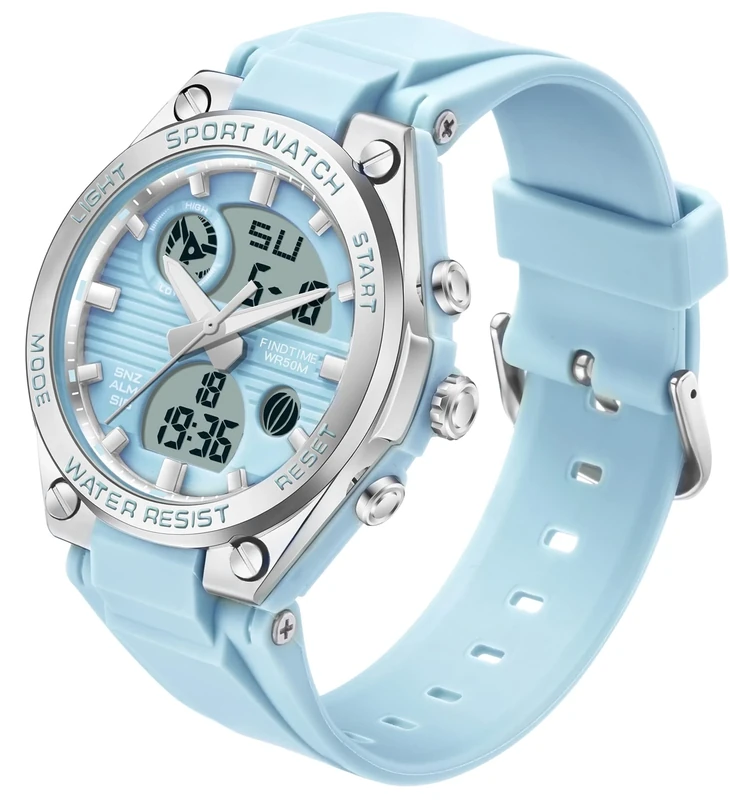 findtime Ladies Sport Digital Watches Wrist Watch for Women with Waterproof Dual Time Date Luminous Back Light Week Alarm Stopwatch White Black Blue Green