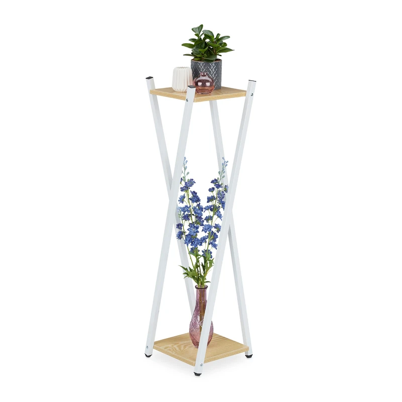 Relaxdays Plant Stand, 2 Tiers in Wooden Look, Modern Pot Holder, 99 x 29 x 29 cm, Black Metal Frame in X-form, Brown