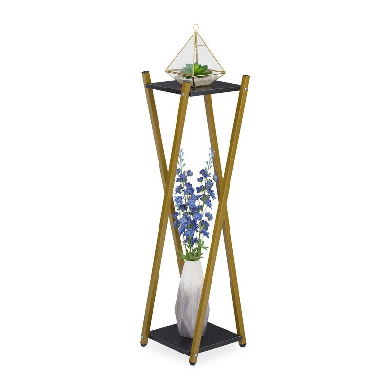 Relaxdays Plant Stand, 2 Tiers in Marble Look, Modern Pot Holder, 99 x 29 x 29 cm, Gold Metal Frame in X-form, Black, Steel