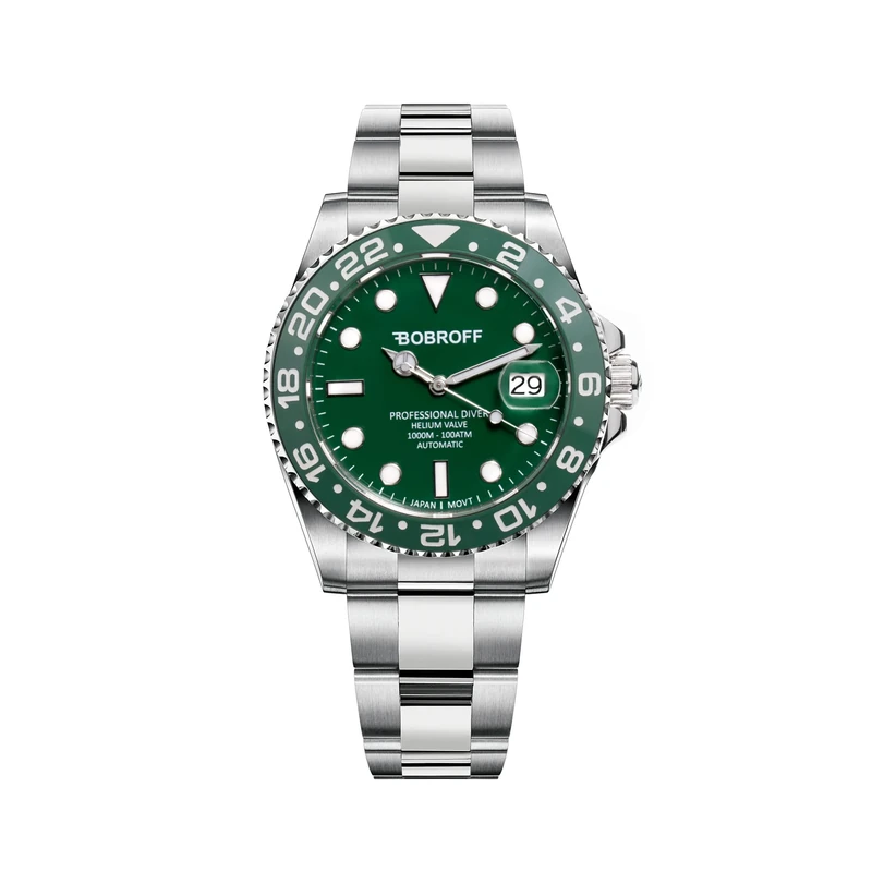 Bobroff - Men's Automatic Diver Professional Diving Watch, 1000 m, Green, 41 mm, Helium Valve BF0005, Multicoloured, 41MM, Bracelet