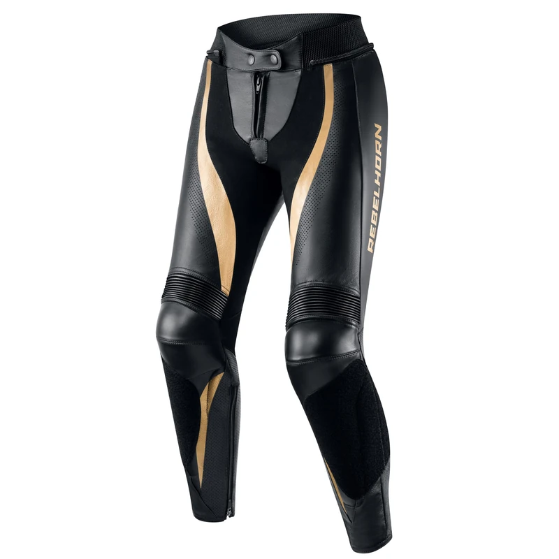 REBELHORN Rebel Lady Leather Motorcycle Trousers for Women Knee and Hip Protectors Kevlar Reinforcements Ventilation Elastic Panels, Black/Gold, 12