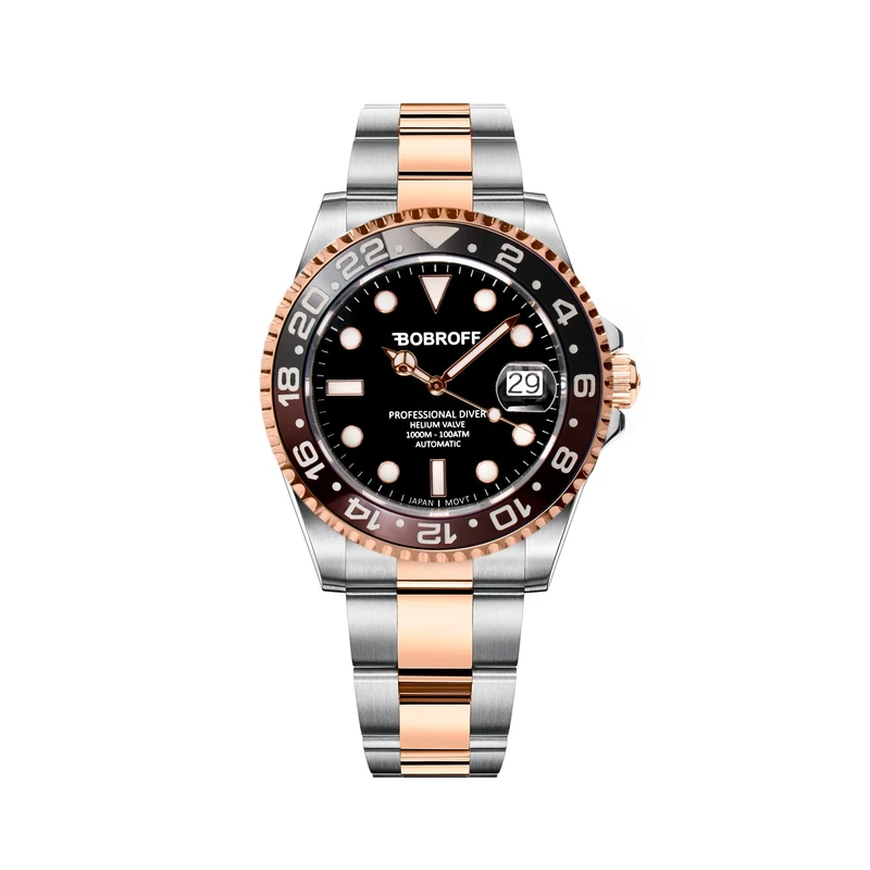 Bobroff - Men's Automatic Diver Professional Diving Watch, 1000 m, Black, 41 mm, Helium Valve BF0007, Multicoloured, 41MM, Bracelet