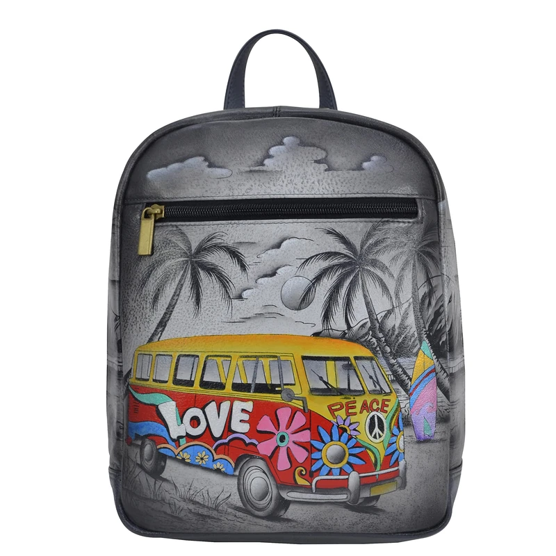 Anna by Anuschka Women's Genuine Leather Medium Backpack - Hand Painted Exterior - Happy Camper