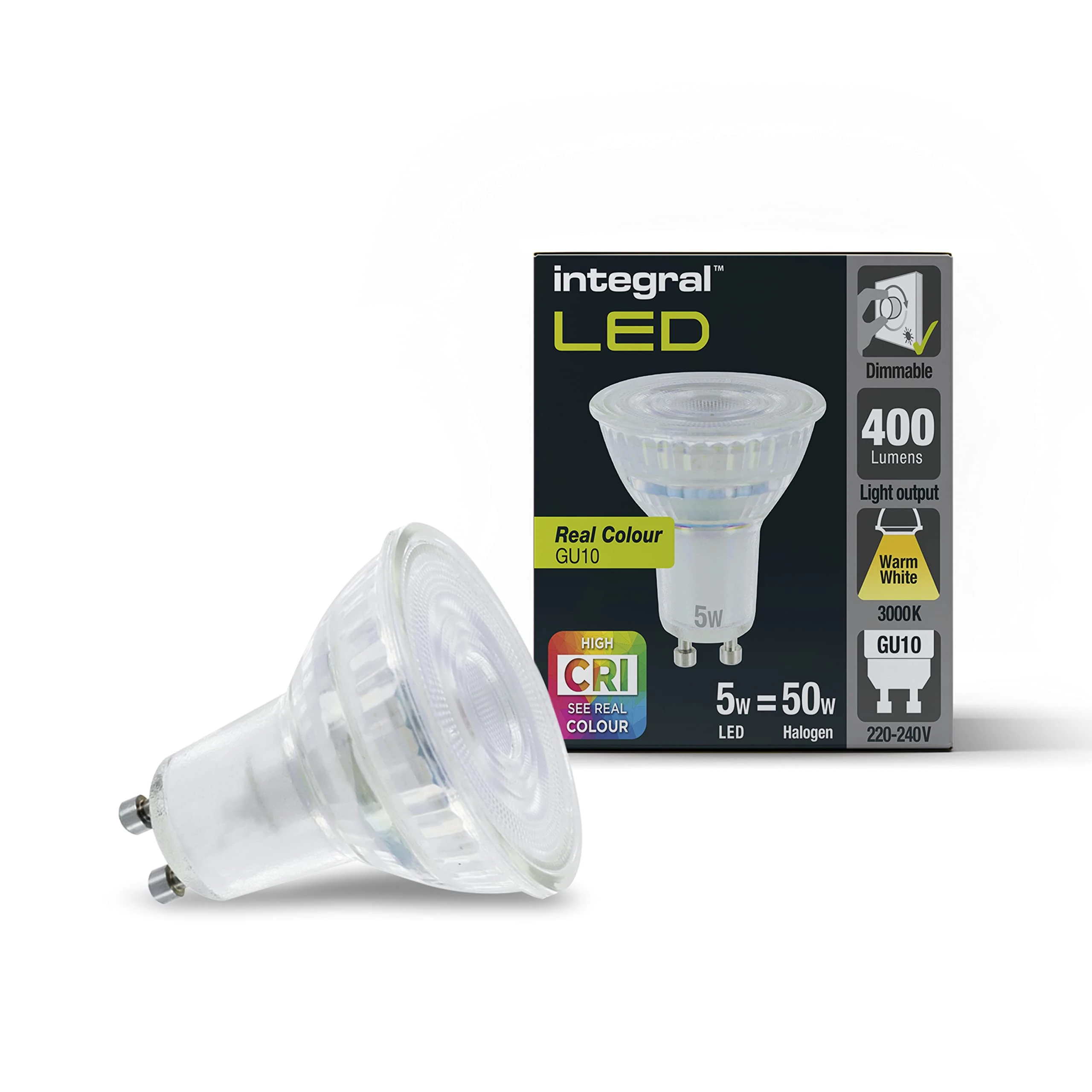 Integral LED Real Colour Premium GU10 dimmable Warm White Bulb – Reveal The Real Colours in Your Home (CRI95) with The Closest GU10 to Natural Sunlight AMILGU10DD112-10