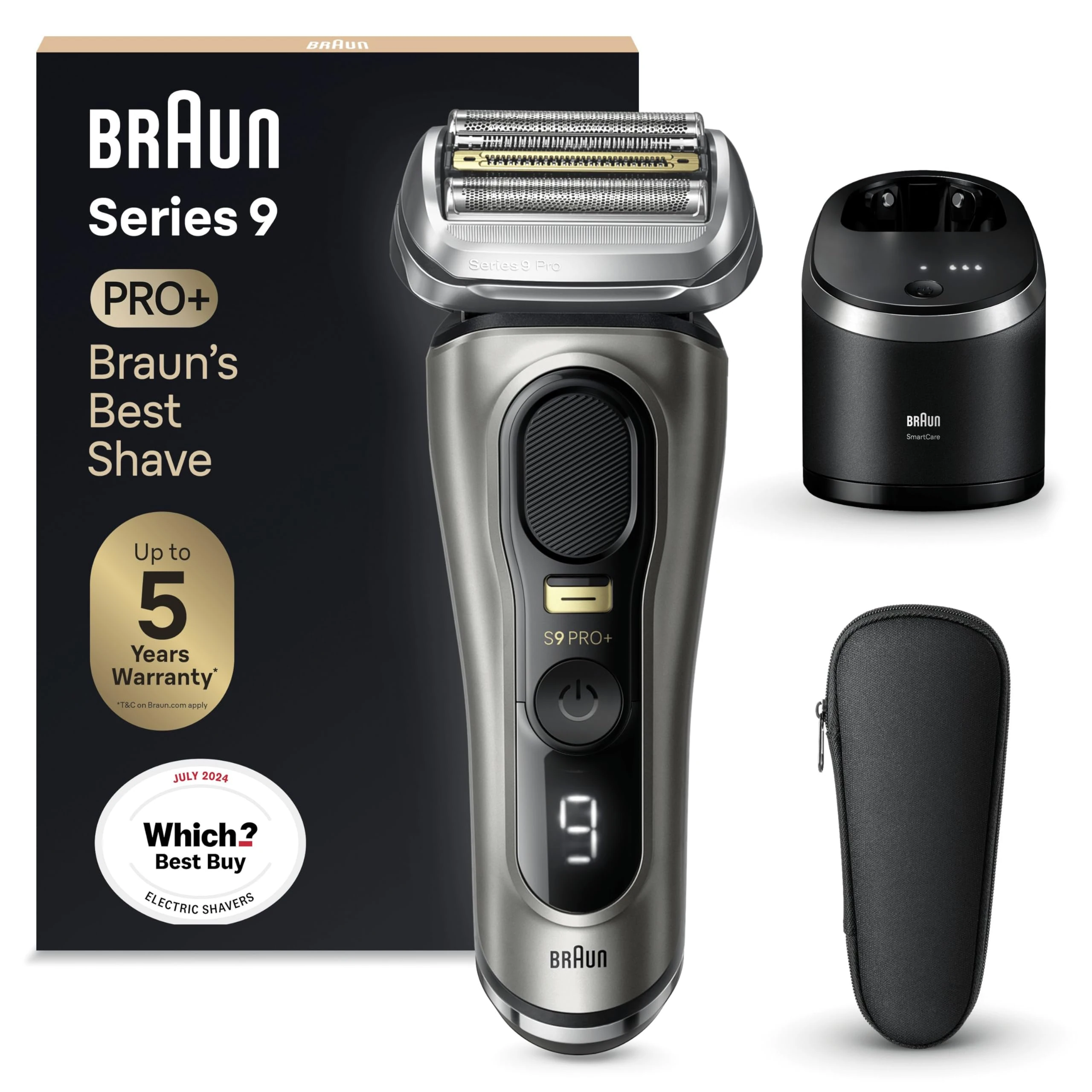 Braun Electric Shaver for Men 9 PRO plus Series, 5 Pro Shave Elements & Precision Long Hair ProTrimmer, SmartCare Center, Wet & Dry Electric Razor with 60min Runtime, Made in Germany, 9465cc, Graphite