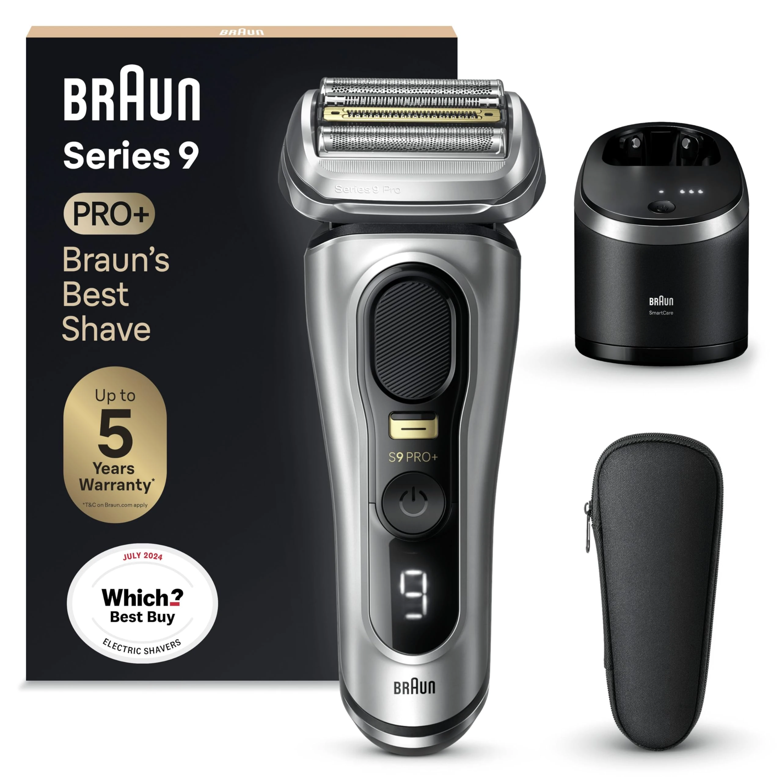 Braun Series 9 PRO+ Electric Shaver for Men, 5 Pro Shave Elements & Precision Long Hair ProTrimmer, SmartCare Center, Wet & Dry Electric Razor with 60min Runtime, Made in Germany, 9467cc, Silver