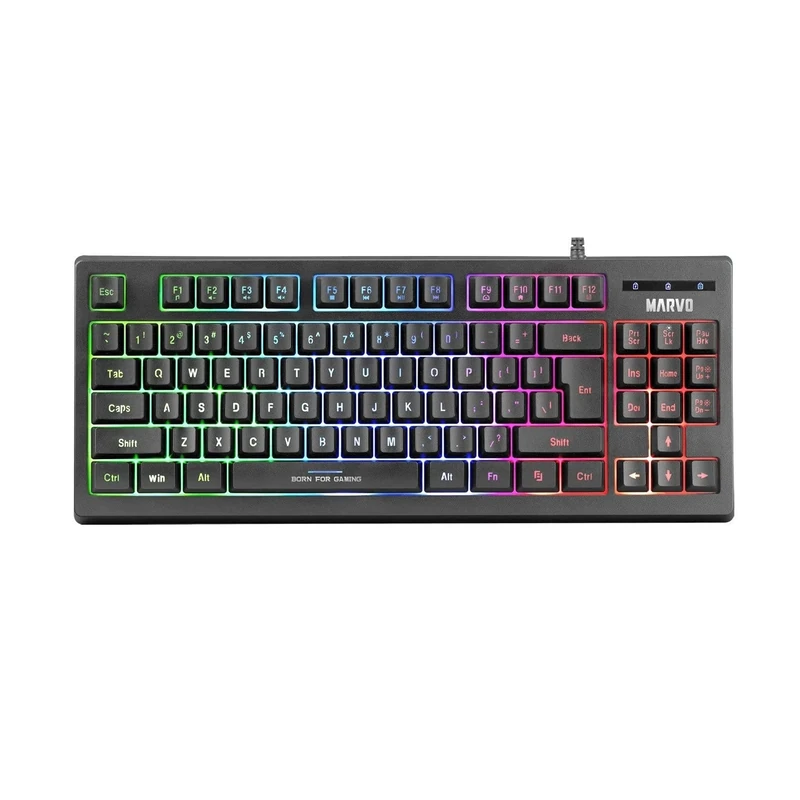 MARVO K607 Compact Gaming Keyboard - TKL Size, 3 Colors LED Backlit with Adjustable Brightness, Anti-Ghosting Keys, USB 2.0 Connection, UK Layout