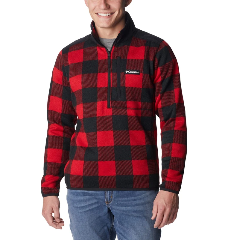 Columbia Men's Sweater Weather II Printed Half Zip, Mountain Red Check Print, Small
