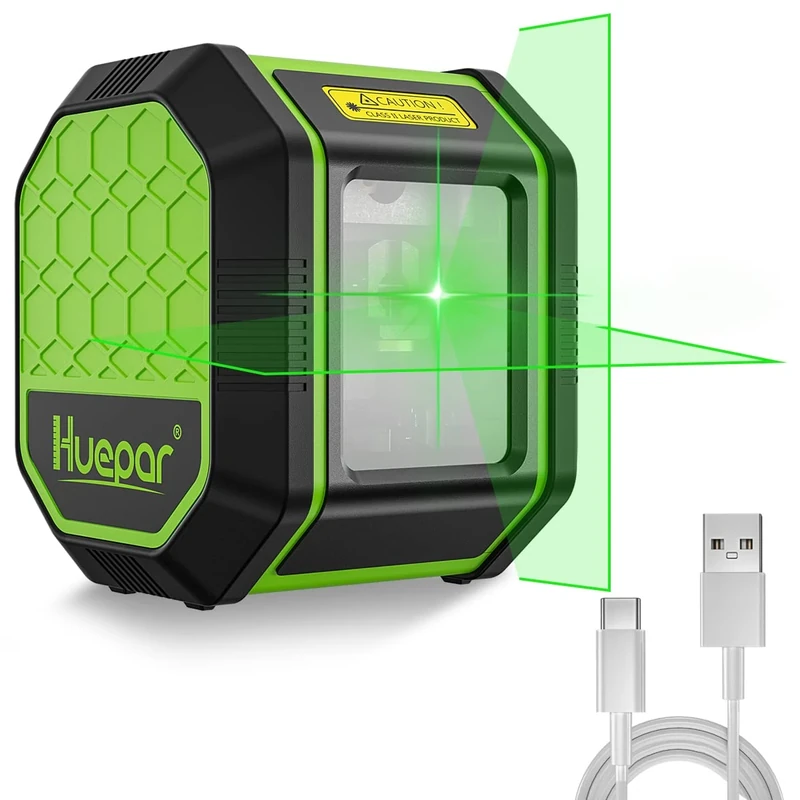Huepar 30M Self-Leveling Green Line Laser USB Rechargeable Cross Line Laser Level for Picture Hanging, Floor Tiles, House Decoration, Battery Included, 1.3M Drop Protection