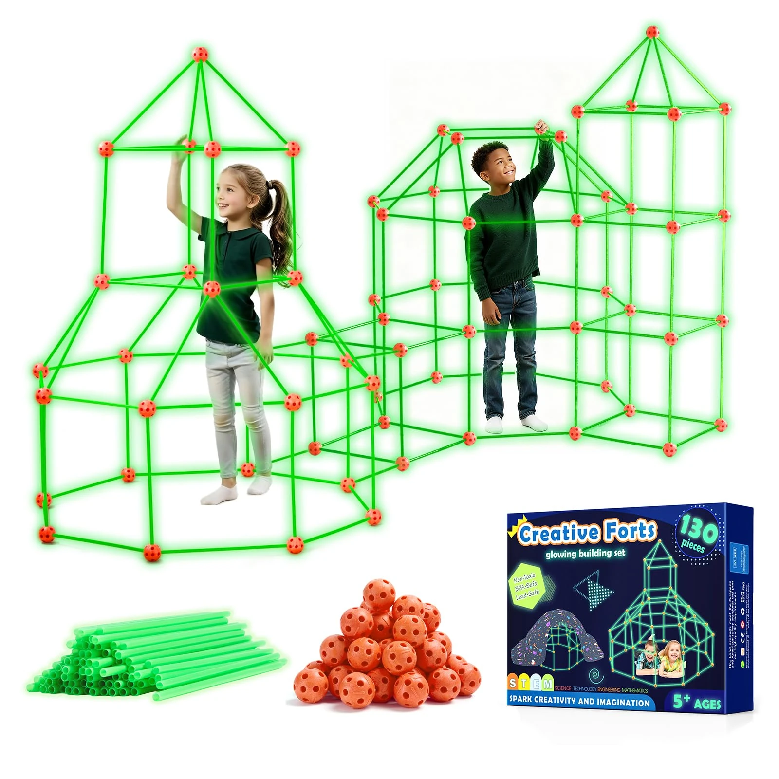 Tiny Land 130 Pcs Fort Building Kit for Kids - Glow in the Dark, Kids Construction Toys for Age 5-10, DIY Den Building Kit for Boys & Girls, STEM Building Toys - Creative Fort, Play Tent Outdoor
