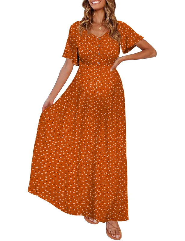 Peauty Maternity Maxi Dress Summer with Decorative Button (S-3XL)/Short Flutter Sleeve Flowy Dress Baby Shower Photoshoot, Orange with White Dot, L