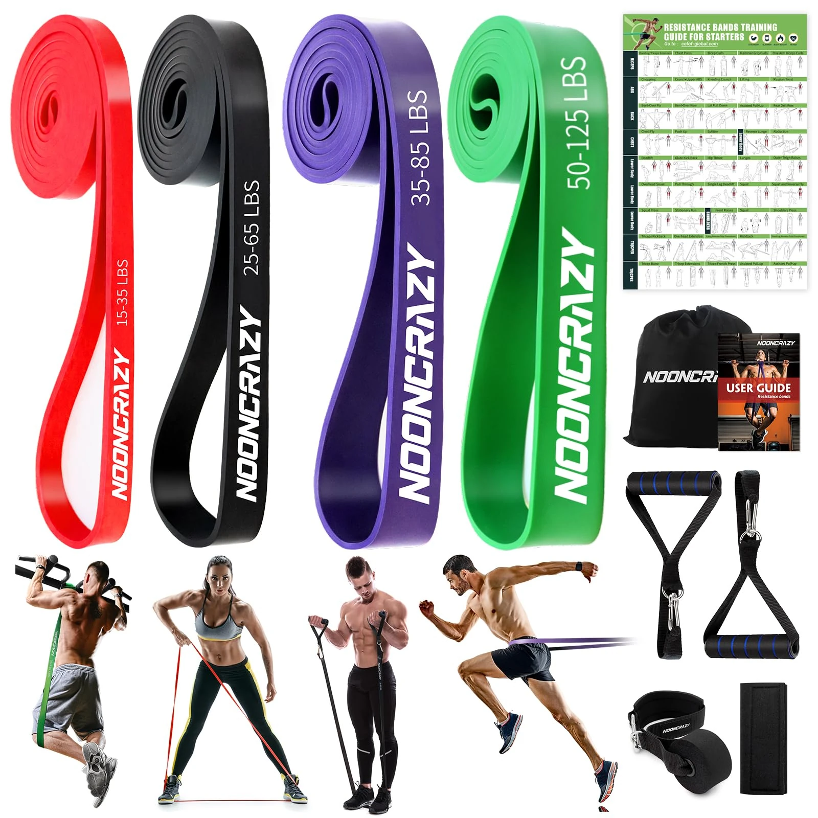 nooncrazy Resistance Bands Set, Pull Up Assistance Bands 4 Different Levels with Handles & Door Anchor & Training Poster, Gym Bands for Strength Training, Yoga, Muscle Toning for Men and Women