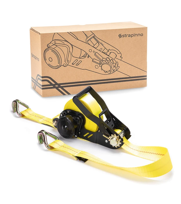 STRAPINNO Retractable Ratchet Tie-Down Strap - 2 in x 27 ft Heavy-Duty Strap with Double J Hooks, Tangle-Free Webbing, 10,000lbs Breaking Strength, and 3,333lbs Working Load Limit