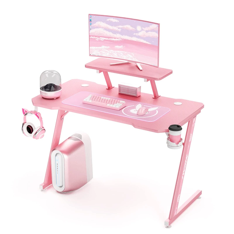 IntimaTe WM Heart Gaming Desk, 110cm Large Ergonomic Gaming Computer Desk, Carbon Fiber Table Top, E-Sports Desk with Adjustable Monitor Shelf, Rotatable Earphone, Cup Holder (Pink)