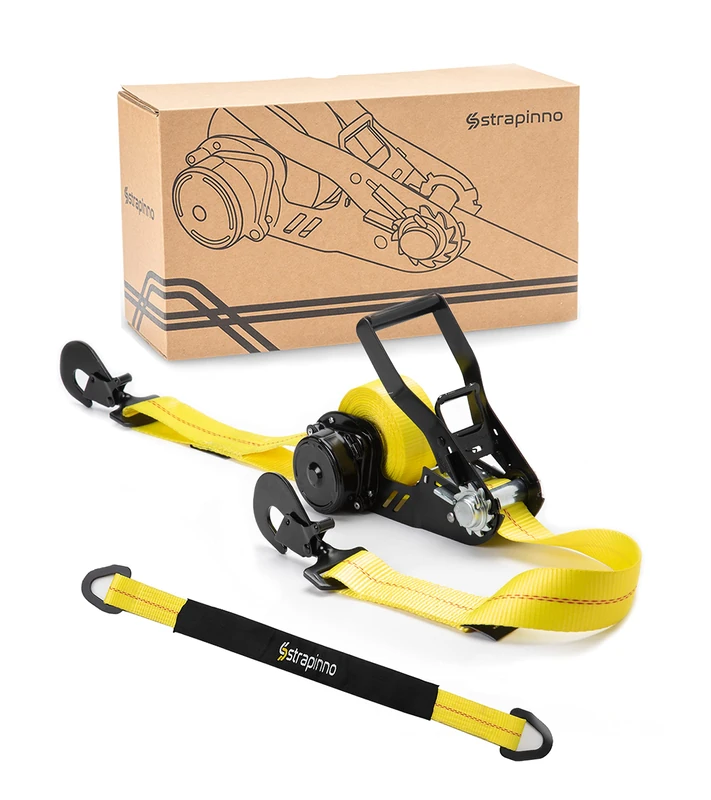 Strapinno Retractable Ratchet Tie-Down Strap 2in x 16ft Heavy-Duty with Snap Hooks, 10,000lbs Breaking Strength, 3,333lbs Working Load Limit, Includes 36in Axle Strap (1 PC) - Image 1