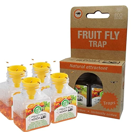 Super Ninja Fruit Fly Trap - 4pc - Highly Effective Ecological Indoor Traps - Environmentally Responsible Fruit Fly Killer - User Friendly - Up to 3 Weeks per Bottle