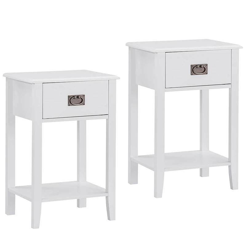 VECELO Nightstands Set of 2 End/Side Tables for Living Room Bedside with One Drawer, Vintage Accent Furniture for Small Space, Solid Wood Legs, White, Engineered, 40×30×60 cm