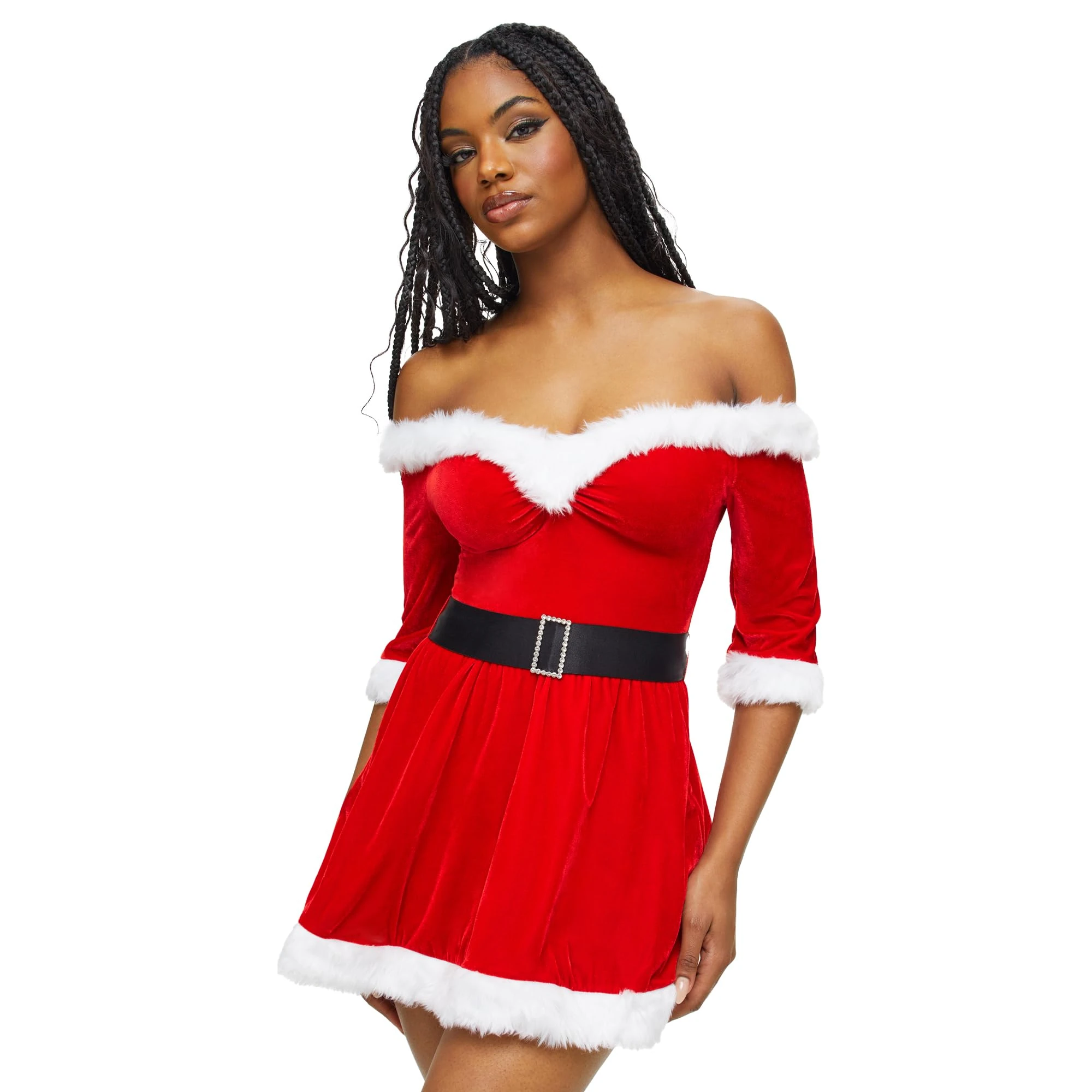 Ann Summers Bardot Sexy Santa Dress – Red Velvet Christmas Dress with Bardot Neckline, Faux Fur Trim, Detachable Straps & Belt – Festive Fancy Dress Costume – Ideal for Christmas Parties & Role Play