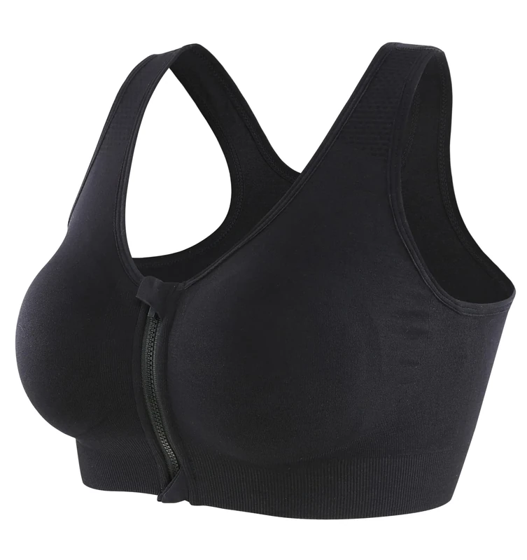 CLOUSPO Sports Bra Post Surgery Bra Zip Front Wireless with Removable Pads Yoga Bra for Workout Fitness(L,Black)