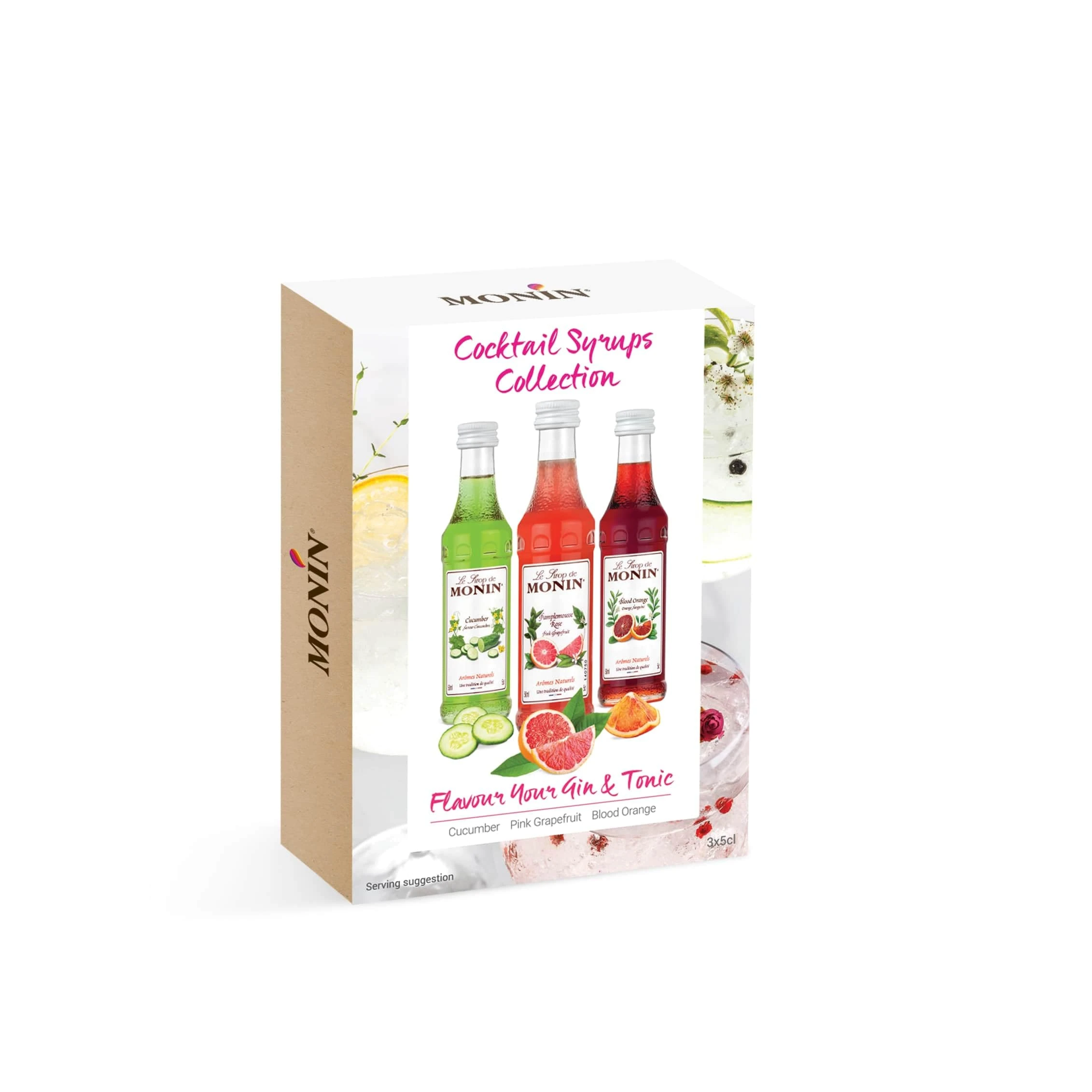 MONIN Premium Cocktail Syrup Gift Set 3x5cl. 1x Cucumber, 1x Pink Grapefruit, 1x Rose Syrup. Gift for Cocktail Lovers: Perfect for Making Flavoured G&Ts, Spritzes and Seltzers at Home
