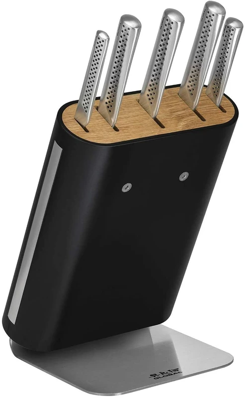 Global UKON Range 6-Piece Knife Block Set, Contains 5 Professional Kitchen Knifes & 1 Block, CROMOVA 18 Stainless Steel, GU-656/6B