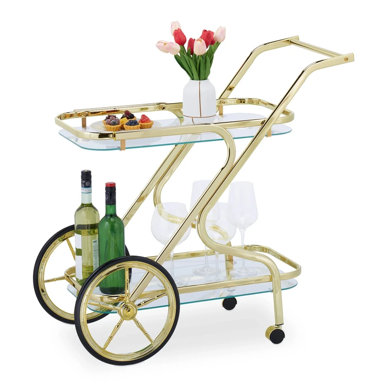Relaxdays Serving Trolley, 4 Castors, 2 Shelves, HxWxD: 80 x 43 x 85 cm, Cart for Drinks and Snacks, Glass & Iron, White