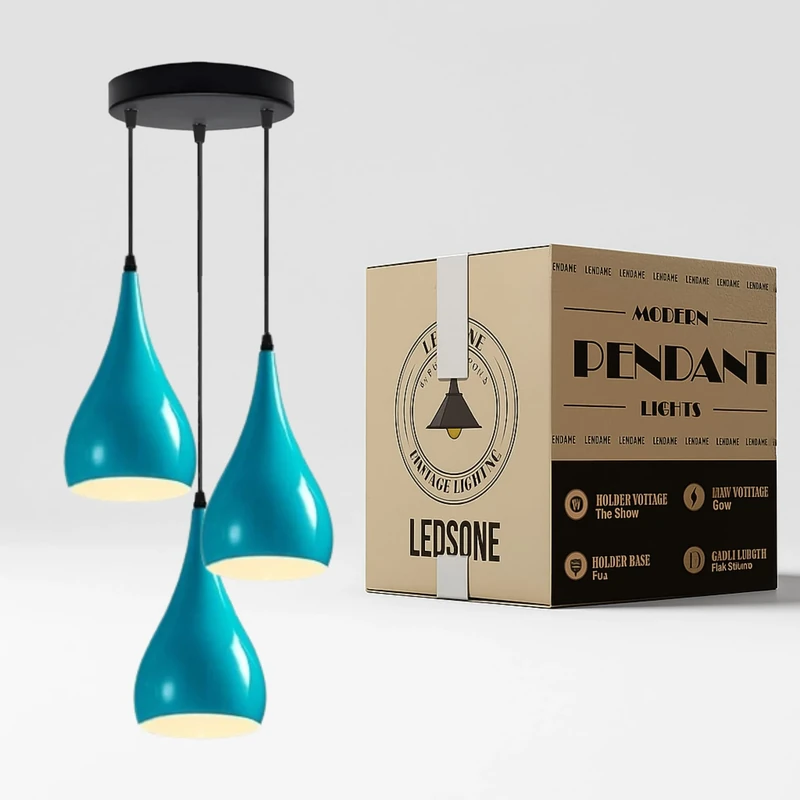 LEDSone 3 Head Ceiling Pendant Light, Modern Blue Metal Tear Drop Ceiling Hanging Pendant Light Shade Cluster Light Fitting Fixture E27 Lighting for Living Room, Bedroom, Dining Room, Hallways