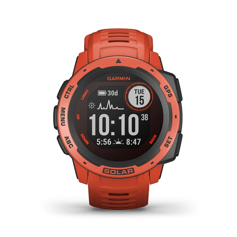 Garmin Instinct SOLAR, Rugged GPS Smartwatch, Built-in Sports Apps and Health Monitoring, Solar Charging and Ultratough Design Features, Flame Red (Renewed) - Image 1