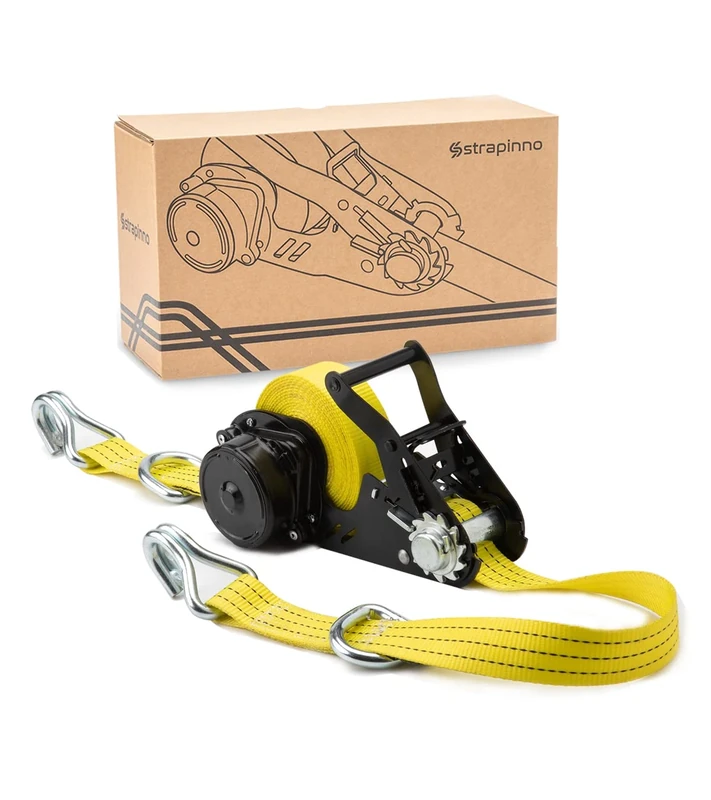 STRAPINNO Retractable Ratchet Tie-Down Strap - 1.5 in x 20 ft Heavy-Duty Strap with Double-J Hooks, D Rings, Tangle-Free Webbing, 6,600lbs Breaking Strength and 2,200lbs Working Load Limit