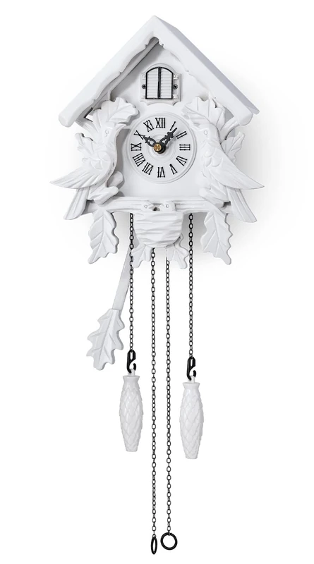 TIMEGEAR Cuckoo Clock with Night Mode, Singing Bird, Wooden Decorations and Swinging Pendulum (White)