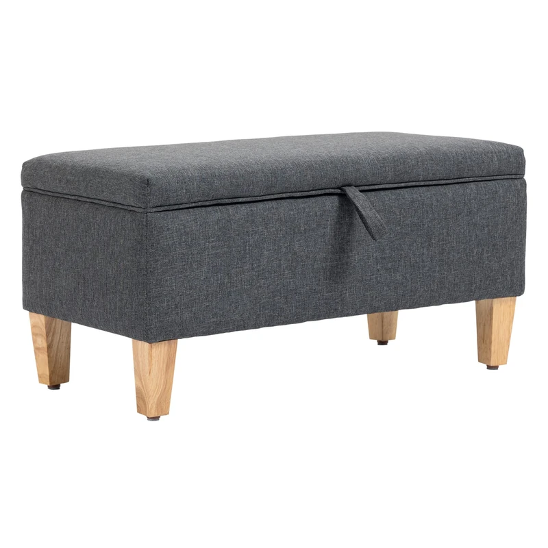 HOMCOM 30L Linen Storage Ottoman Padded Footstool with Rubberwood Legs for Storage Box, Bed End, Shoe Bench, Seating, Dark Grey